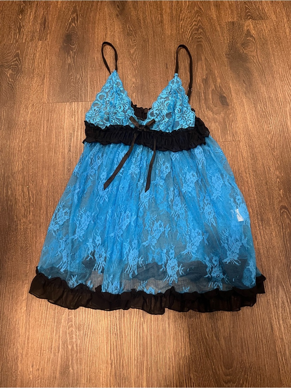 Blue Lace Babydoll Chemise with Black Trim - Women's Intimates